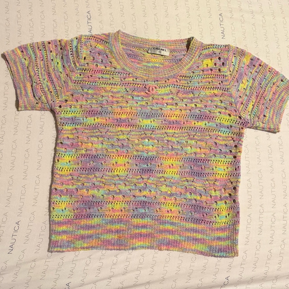 CHANEL Pink and Yellow Sweater with Ribbed Texture